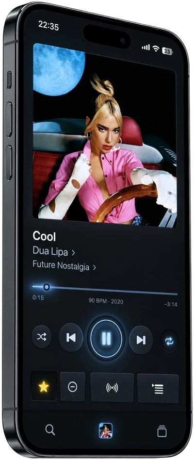 Musicae on an iPhone, playing Cool by Dua Lipa from Future Nostalgia — 90 BPM and 2020 under the progress line, with favourite, exclude, radio and queue below the transport