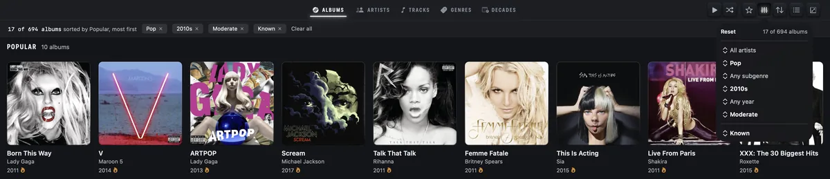Musicae — 17 of 694 albums, narrowed by Pop, the 2010s, a moderate tempo and what is widely known