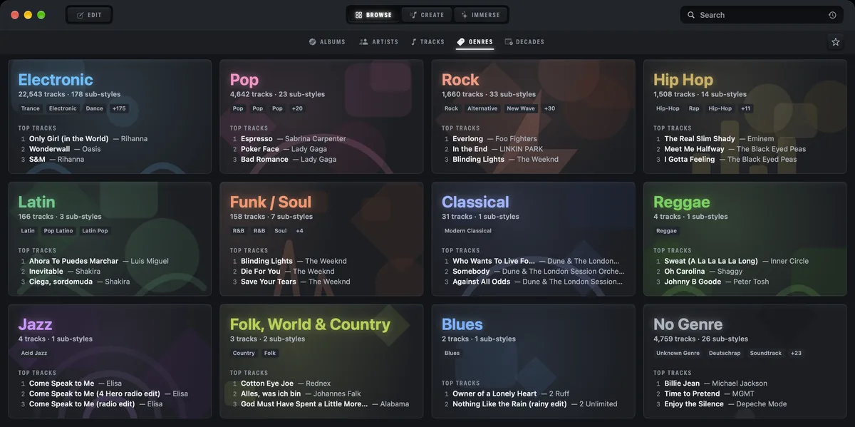 Musicae — the twelve genre gates, each with its own count, sub-styles and top tracks