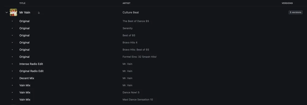 Musicae — Mr Vain by Culture Beat as one work: 12 files, 5 versions, each on a different release